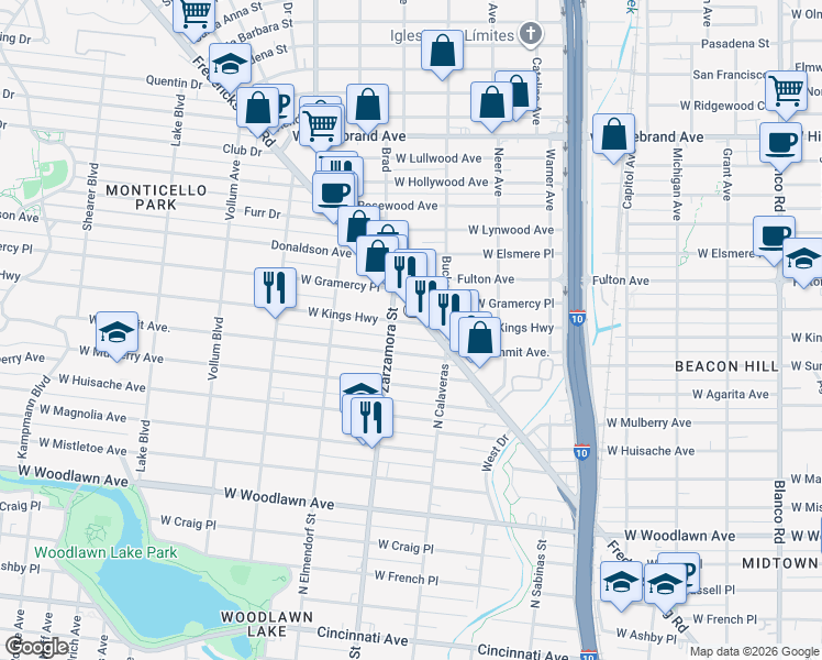 map of restaurants, bars, coffee shops, grocery stores, and more near 1630 West Kings Highway in San Antonio