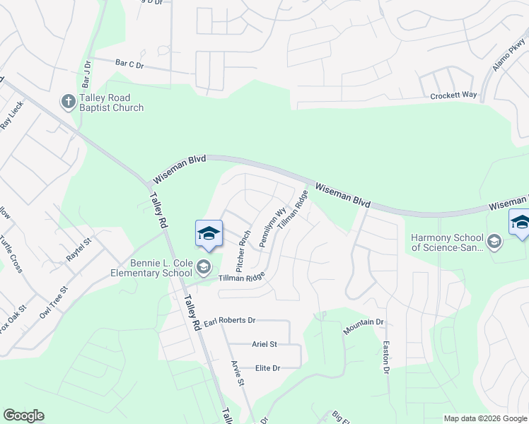 map of restaurants, bars, coffee shops, grocery stores, and more near 2457 Pennilynn Way in San Antonio