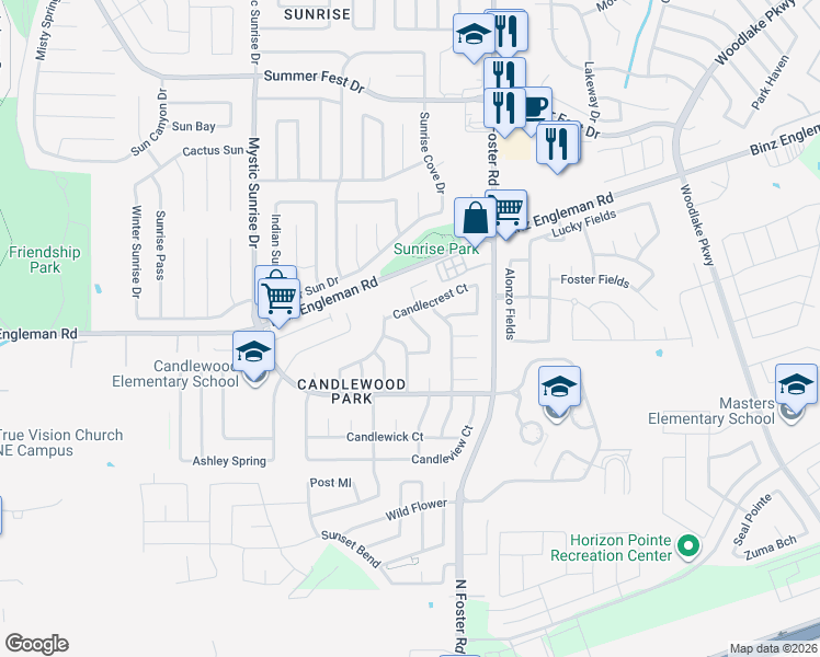 map of restaurants, bars, coffee shops, grocery stores, and more near 3829 Candlecrown Court in San Antonio