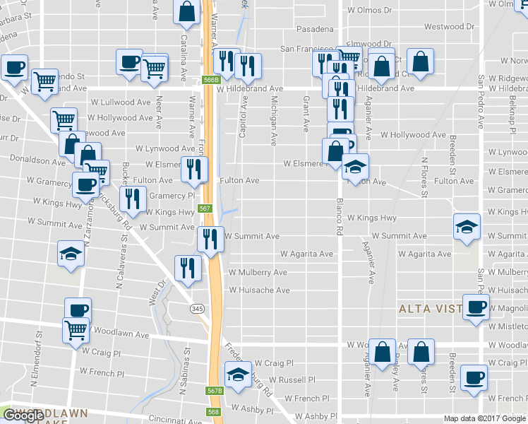 map of restaurants, bars, coffee shops, grocery stores, and more near 1115 West Kings Highway in San Antonio