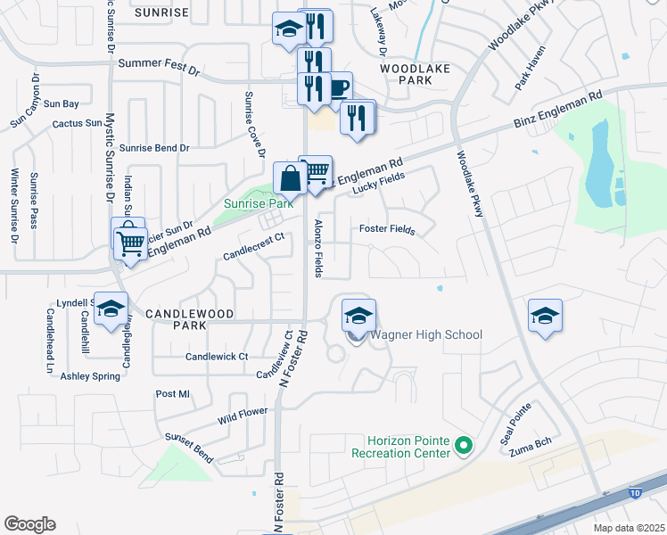 map of restaurants, bars, coffee shops, grocery stores, and more near 3403 Aranda Fields in Converse