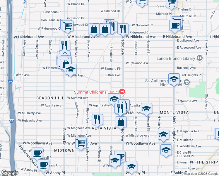 map of restaurants, bars, coffee shops, grocery stores, and more near 503 West Kings Highway in San Antonio