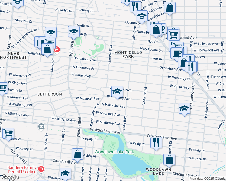 map of restaurants, bars, coffee shops, grocery stores, and more near 2150 West Summit Avenue in San Antonio