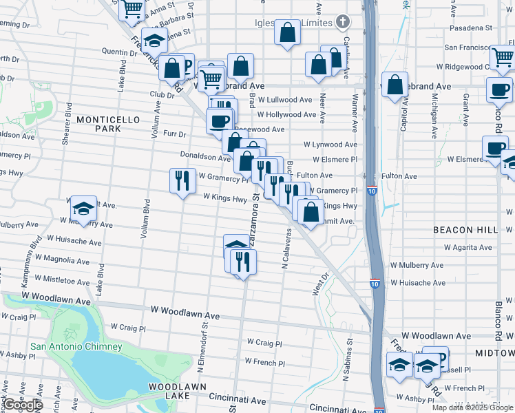 map of restaurants, bars, coffee shops, grocery stores, and more near 1630 West Kings Highway in San Antonio