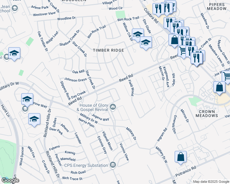 map of restaurants, bars, coffee shops, grocery stores, and more near 2339 Elva Forest in San Antonio