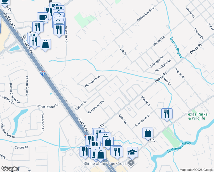 map of restaurants, bars, coffee shops, grocery stores, and more near 2702 Yorktown Drive in Dickinson