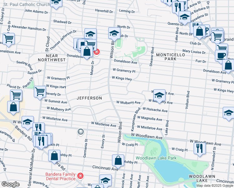 map of restaurants, bars, coffee shops, grocery stores, and more near 2327 W Summit Ave in San Antonio