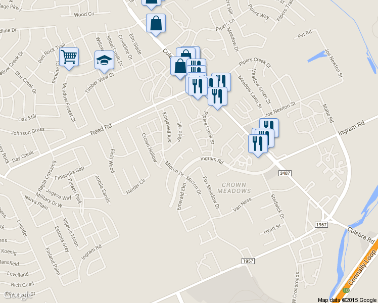 map of restaurants, bars, coffee shops, grocery stores, and more near 7814 Hilltop Crest in San Antonio