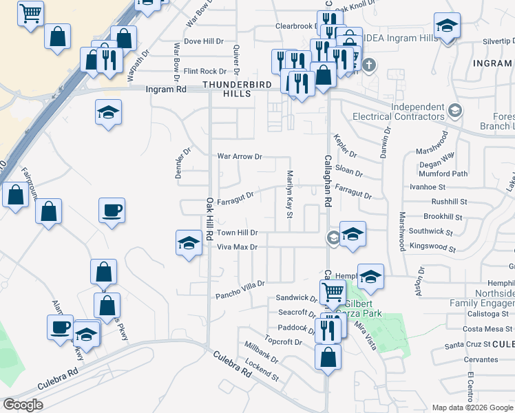 map of restaurants, bars, coffee shops, grocery stores, and more near 2403 Town Cliff Circle in San Antonio