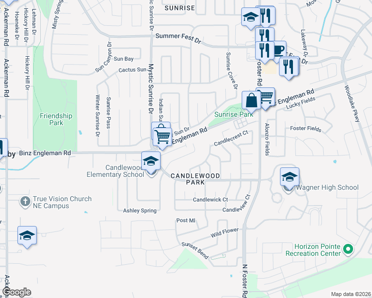 map of restaurants, bars, coffee shops, grocery stores, and more near 3815 Candleglenn in San Antonio