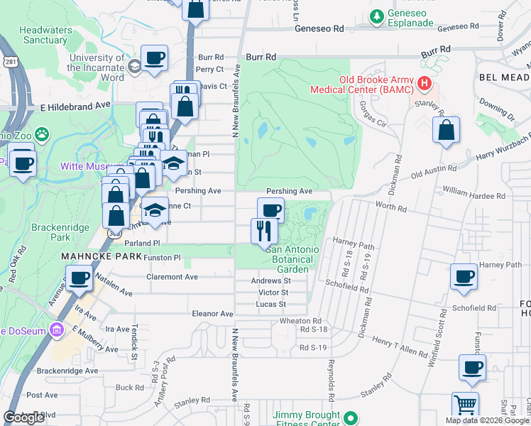 map of restaurants, bars, coffee shops, grocery stores, and more near 551 Queen Anne Court in San Antonio