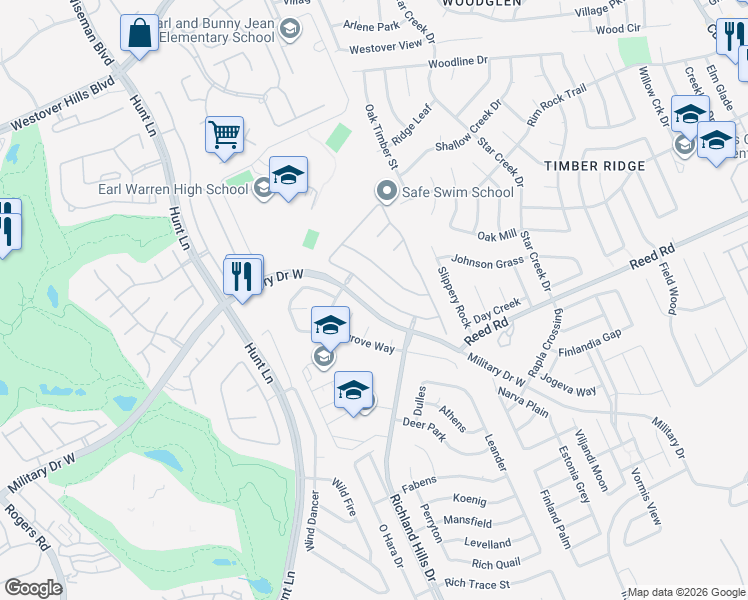 map of restaurants, bars, coffee shops, grocery stores, and more near 2610 Turquoise Way in San Antonio