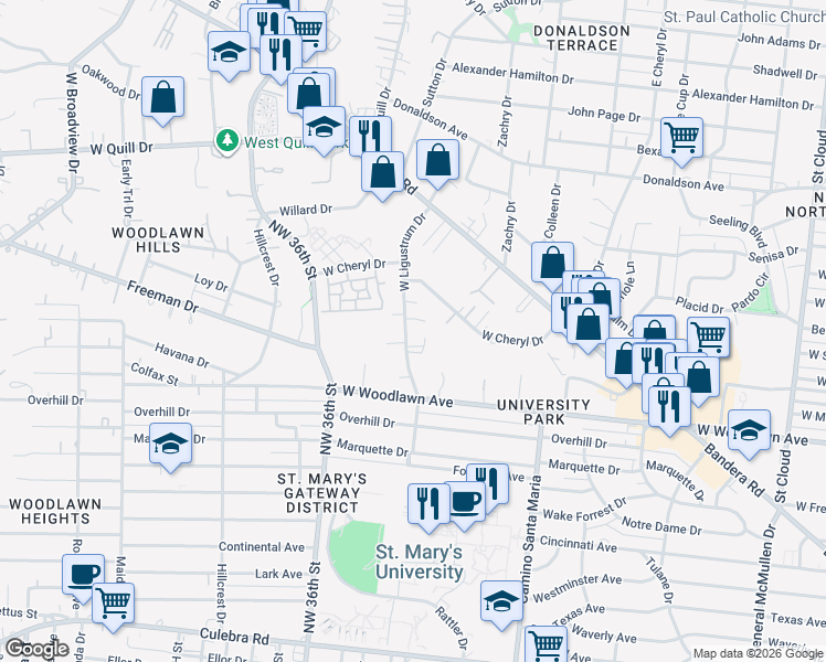 map of restaurants, bars, coffee shops, grocery stores, and more near 250 West Ligustrum Drive in San Antonio