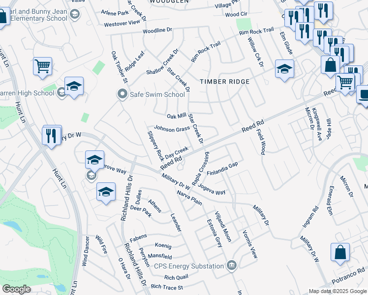 map of restaurants, bars, coffee shops, grocery stores, and more near 8302 Odessa Oaks in San Antonio