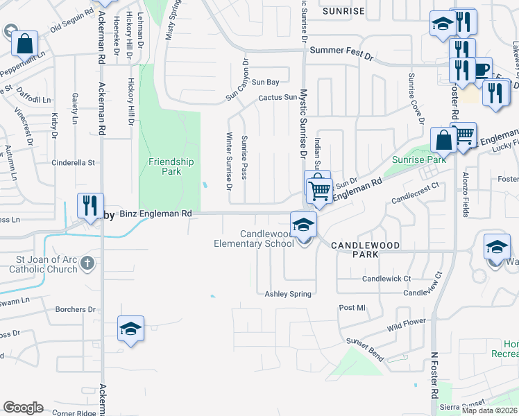 map of restaurants, bars, coffee shops, grocery stores, and more near 5802 Glacier Sun Drive in San Antonio