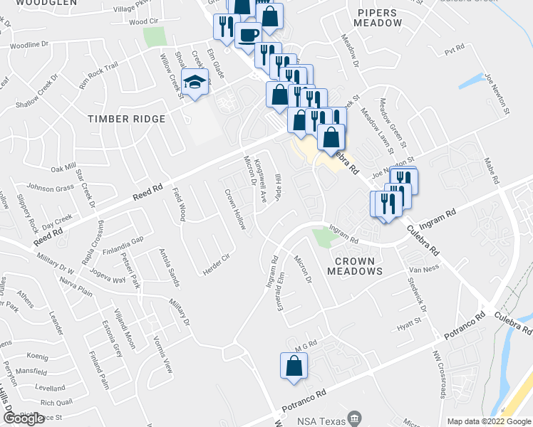map of restaurants, bars, coffee shops, grocery stores, and more near 2514 Jade Hill in San Antonio