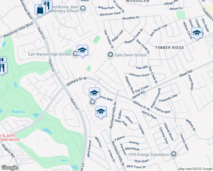 map of restaurants, bars, coffee shops, grocery stores, and more near 2610 Turquoise Way in San Antonio