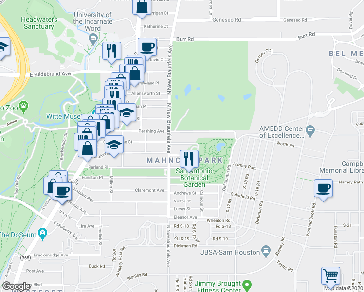 map of restaurants, bars, coffee shops, grocery stores, and more near 524 Queen Anne Court in San Antonio