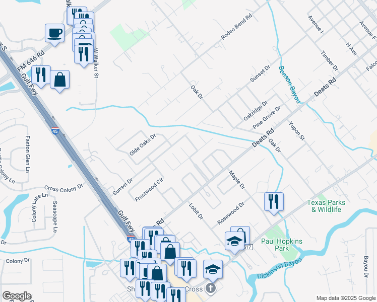 map of restaurants, bars, coffee shops, grocery stores, and more near 2707 Mount Vernon Drive in Dickinson