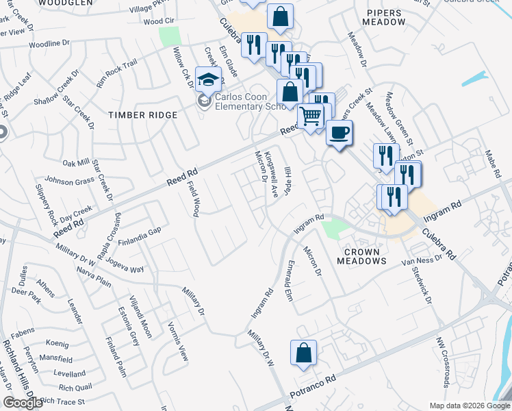 map of restaurants, bars, coffee shops, grocery stores, and more near 7715 Crown Gate Drive in San Antonio