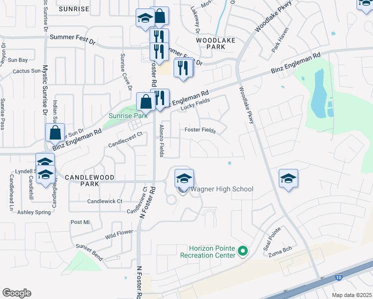 map of restaurants, bars, coffee shops, grocery stores, and more near 3319 Peace Fields in Converse