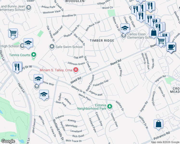 map of restaurants, bars, coffee shops, grocery stores, and more near 8302 Star Creek Drive in San Antonio
