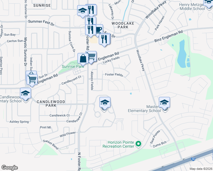 map of restaurants, bars, coffee shops, grocery stores, and more near 3319 Peace Fields in Converse