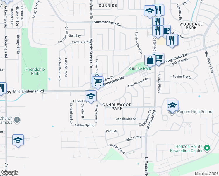 map of restaurants, bars, coffee shops, grocery stores, and more near 3815 Candleglenn in San Antonio