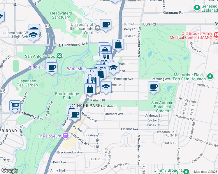 map of restaurants, bars, coffee shops, grocery stores, and more near 204 Queen Anne Court in San Antonio