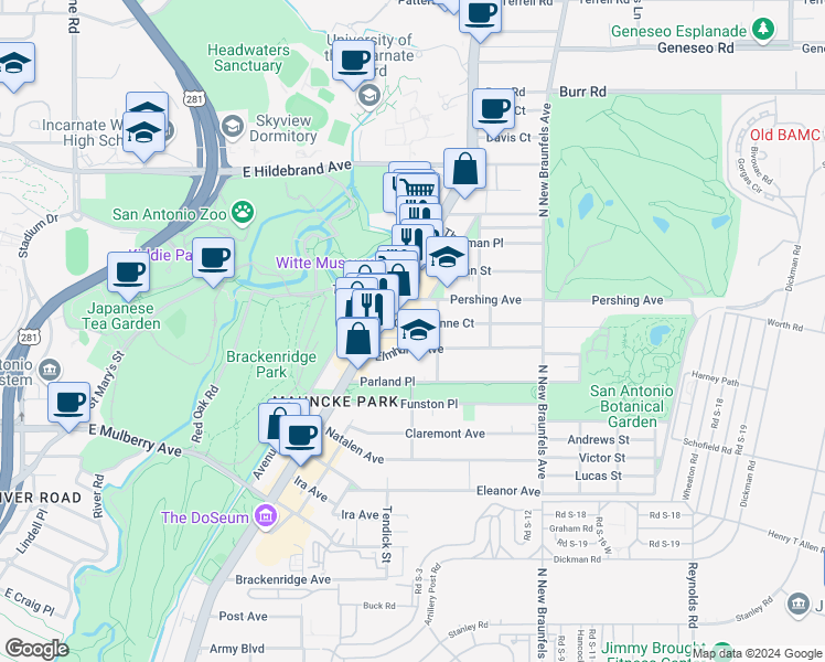 map of restaurants, bars, coffee shops, grocery stores, and more near 204 Queen Anne Court in San Antonio