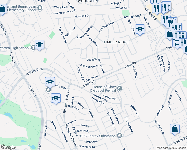 map of restaurants, bars, coffee shops, grocery stores, and more near 8302 Odessa Oaks in San Antonio