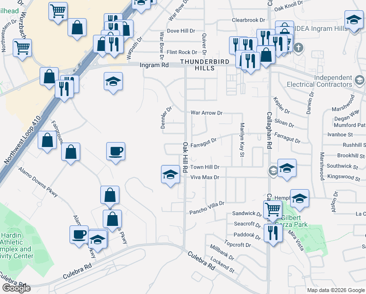 map of restaurants, bars, coffee shops, grocery stores, and more near 6202 Farragut Drive in San Antonio