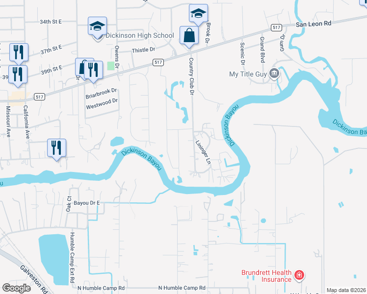 map of restaurants, bars, coffee shops, grocery stores, and more near 4424 Country Club Drive in Dickinson