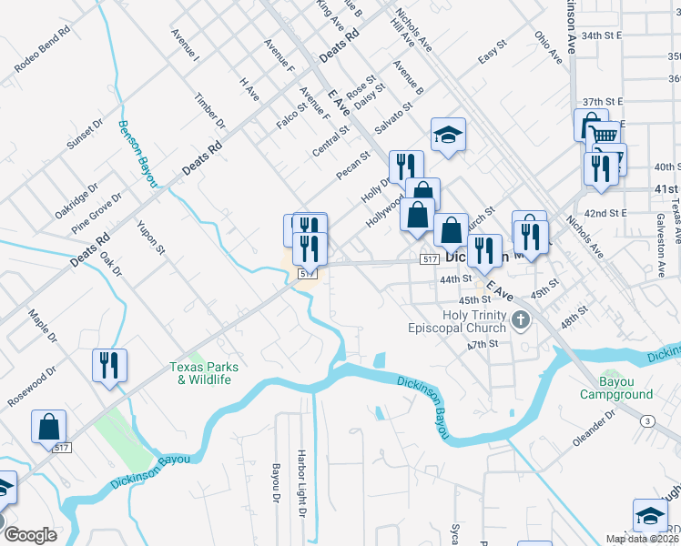 map of restaurants, bars, coffee shops, grocery stores, and more near 2208 Farm to Market Road 517 in Dickinson