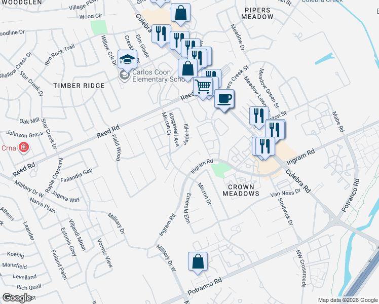 map of restaurants, bars, coffee shops, grocery stores, and more near 7814 Hilltop Crest in San Antonio