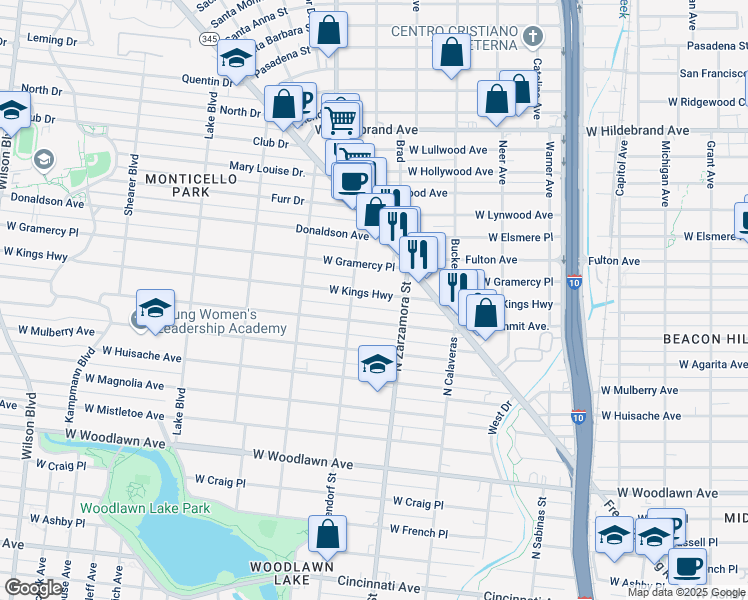 map of restaurants, bars, coffee shops, grocery stores, and more near 1738 West Kings Highway in San Antonio