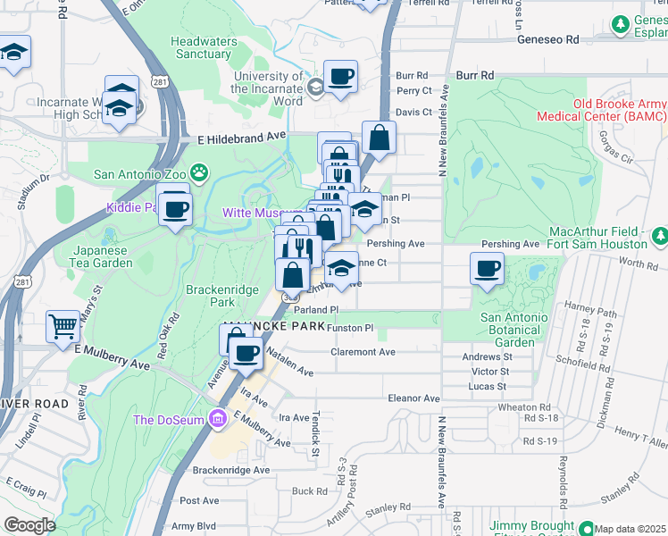 map of restaurants, bars, coffee shops, grocery stores, and more near 200 Queen Anne Court in San Antonio