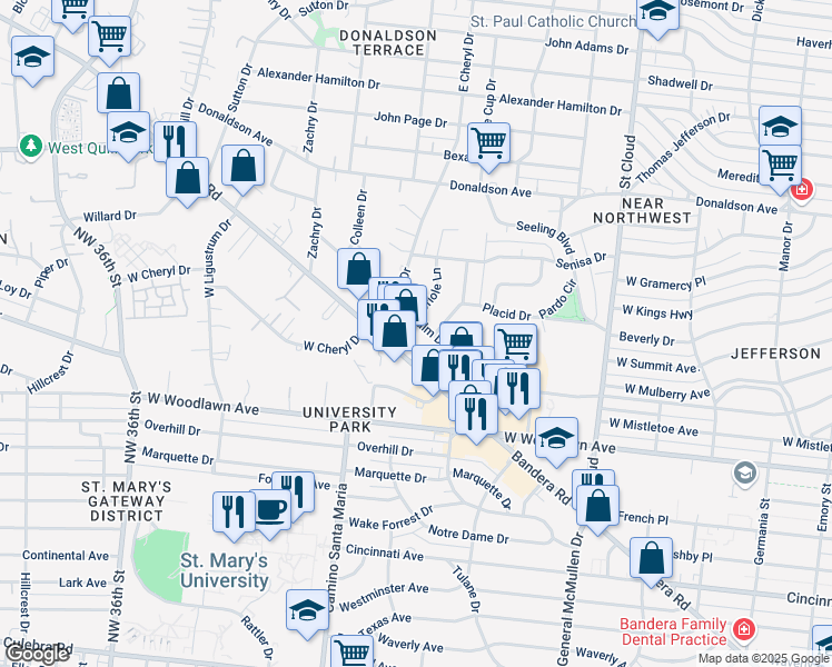 map of restaurants, bars, coffee shops, grocery stores, and more near 1030 Bandera Road in San Antonio