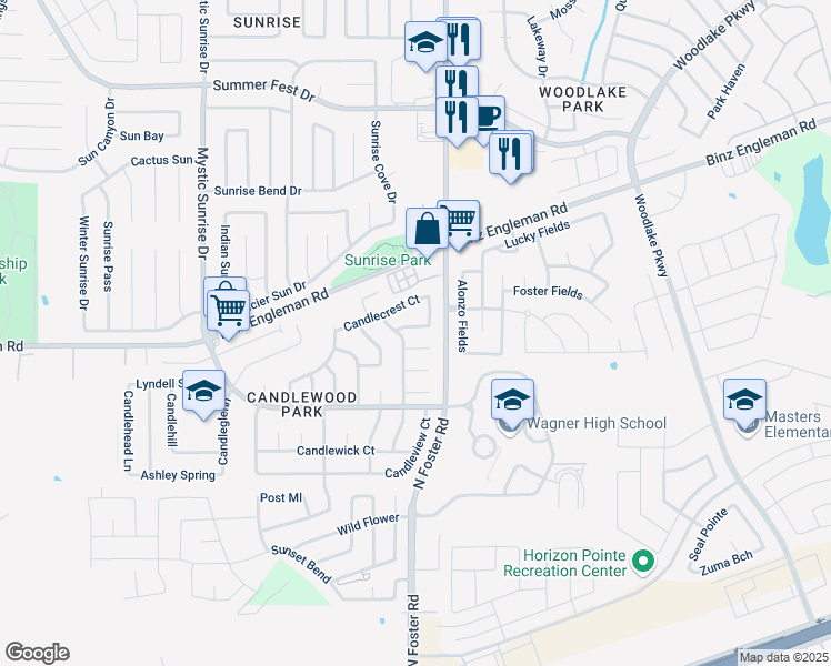 map of restaurants, bars, coffee shops, grocery stores, and more near 6502 Candlebrite Drive in San Antonio