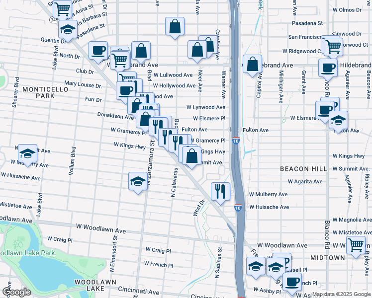 map of restaurants, bars, coffee shops, grocery stores, and more near 1531 West Kings Highway in San Antonio