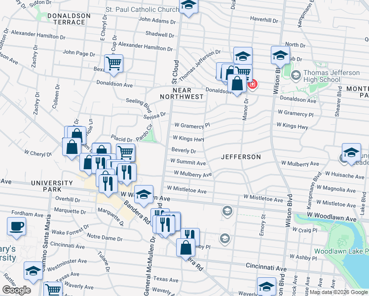 map of restaurants, bars, coffee shops, grocery stores, and more near 435 Beverly Drive in San Antonio