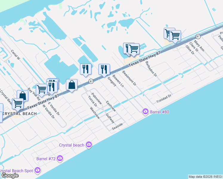map of restaurants, bars, coffee shops, grocery stores, and more near 960 Alberdie Drive in Bolivar Peninsula