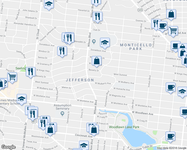 map of restaurants, bars, coffee shops, grocery stores, and more near 2327 West Summit Avenue in San Antonio