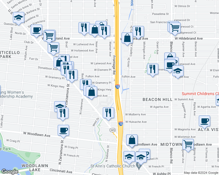map of restaurants, bars, coffee shops, grocery stores, and more near 1401 West Kings Highway in San Antonio