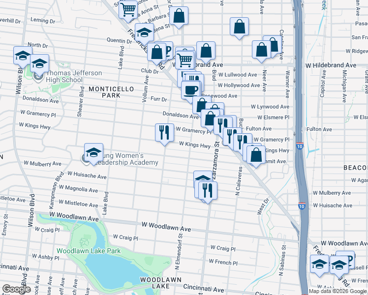 map of restaurants, bars, coffee shops, grocery stores, and more near 1814 West Kings Highway in San Antonio