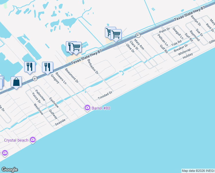 map of restaurants, bars, coffee shops, grocery stores, and more near 2297 Martinique in Bolivar Peninsula
