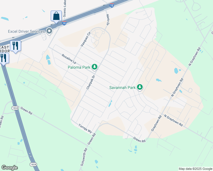 map of restaurants, bars, coffee shops, grocery stores, and more near 10764 Rosalina Loop in Converse