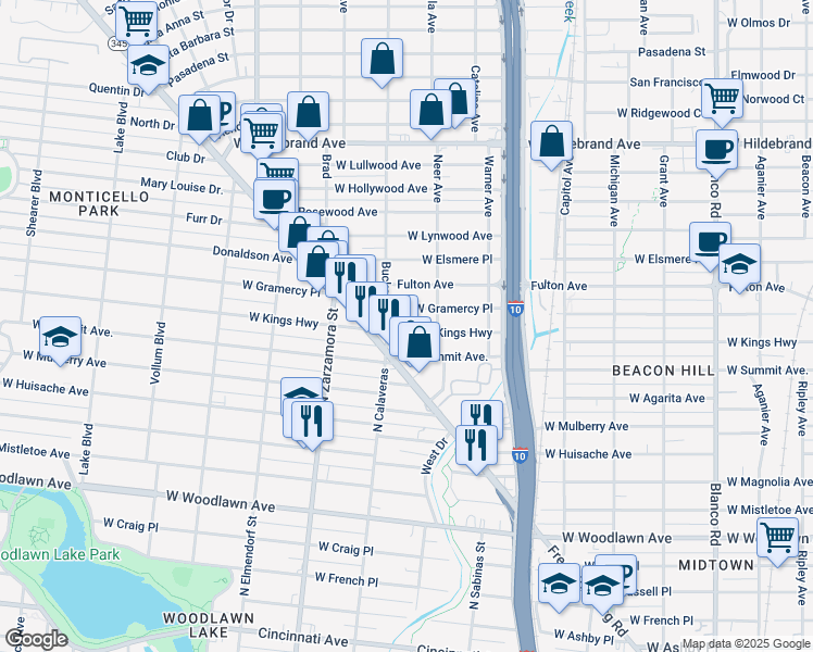 map of restaurants, bars, coffee shops, grocery stores, and more near 1531 West Kings Highway in San Antonio