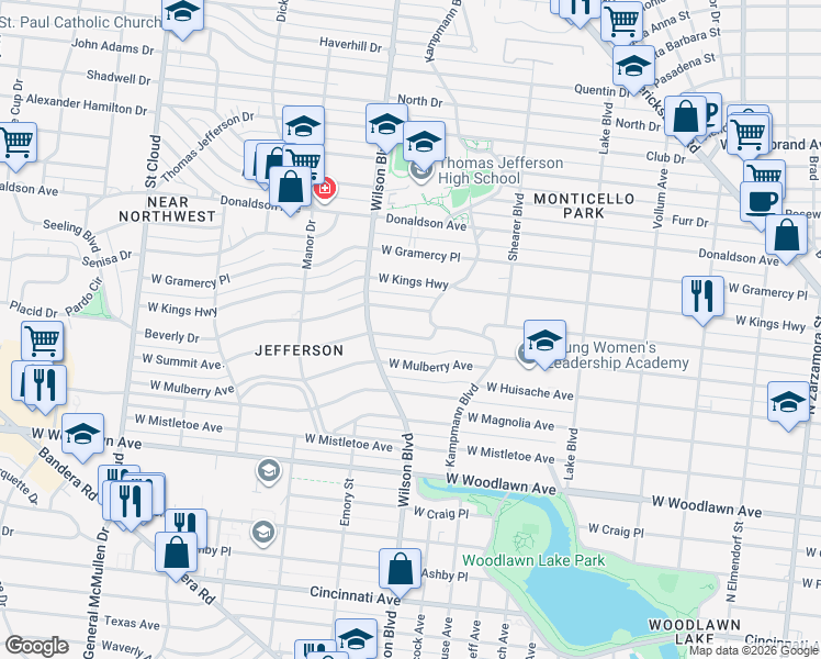 map of restaurants, bars, coffee shops, grocery stores, and more near 2327 West Summit in San Antonio