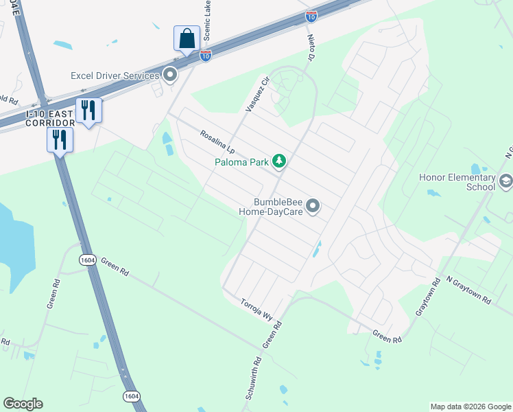 map of restaurants, bars, coffee shops, grocery stores, and more near 10641 Green Road in Converse